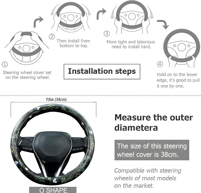 Boho Floral Steering Wheel Cover Auto Leather Steering Wheel Protector, Anti-Slip, Breathable, Absorbing Sweat, Universal Floral Car Accessories 14.5–15 inch,Fit for Most Car, Trucks, SUV