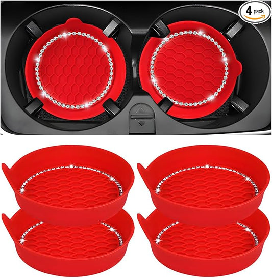 Sun Walker 4 PCS Bling Car Cup Holder Coaster, Non Slip Sparkly Rhinestone Cup Holder Pad Insert Coaster, Shockproof Silicone Shiny Embedded Drink Mat Interior Decor for Most Vehicles (Red)