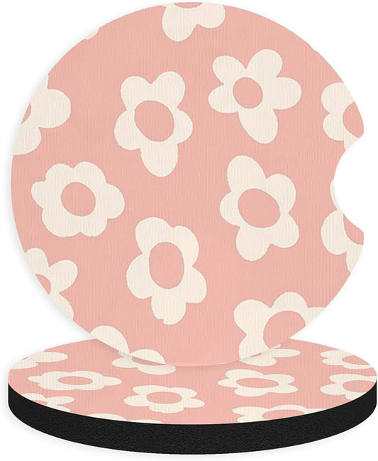 2pcs Pink and White Flowers Car Coasters,Absorbent Universal neoprener Cup Holder Coasters with a Finger Notch,Car Accessories for Women&Man Interior，2.75"