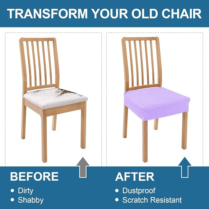 Smiry Waterproof Seat Covers for Dining Room Chairs Set of 6, Stretch Jacquard Removable Washable Chair Seat Slipcovers Protector, No Rear Covers, Lavender