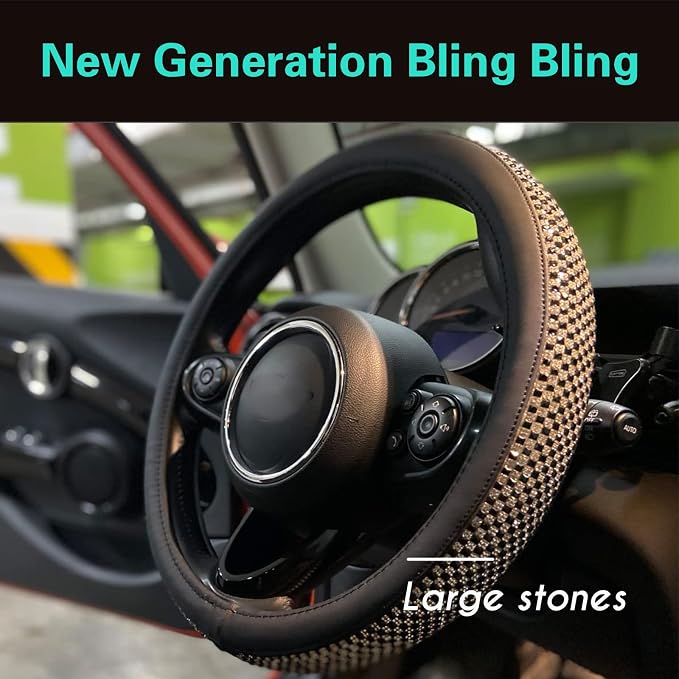PINCTROT Large Size Bling Comfy Steering Wheel Cover with Jumbo Crystal Rhinestones, Anti-Slip Diamond Leather, 15.5-15.75 Inch (Black)