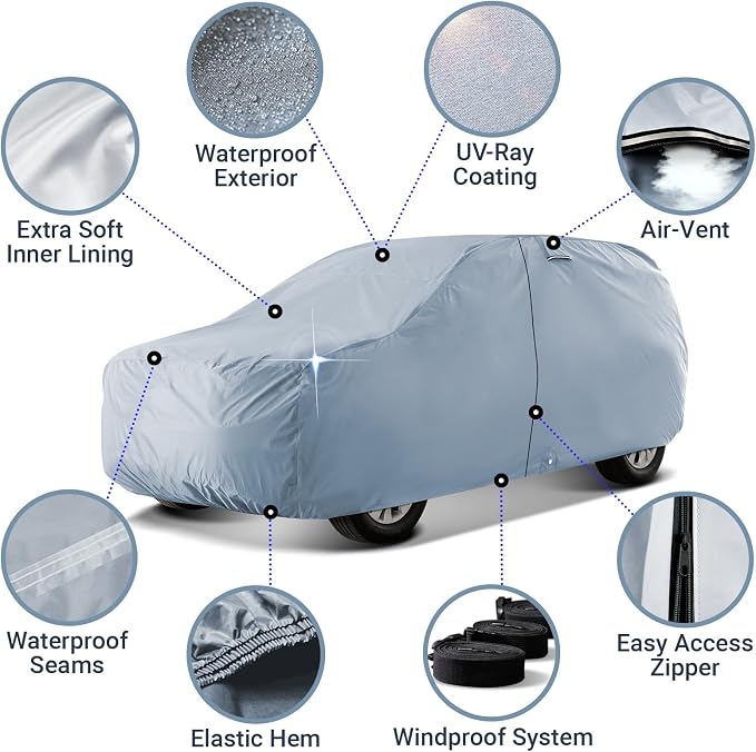 iCarCover 18-Layer SUV Car Cover Waterproof All Weather, UV Sun Protection Full Car Covers for Automobiles, CJ-5, Wrangler, FJ40, Tracker 2-Door, Sidekick 2-Door, Size S56 (See Size Chart)