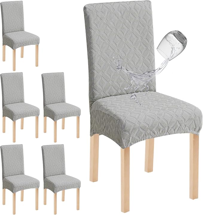 Genina Waterproof Chair Covers for Dining Room Set of 6, Removable Washable Chair Slipcover Protectors, Light Gray