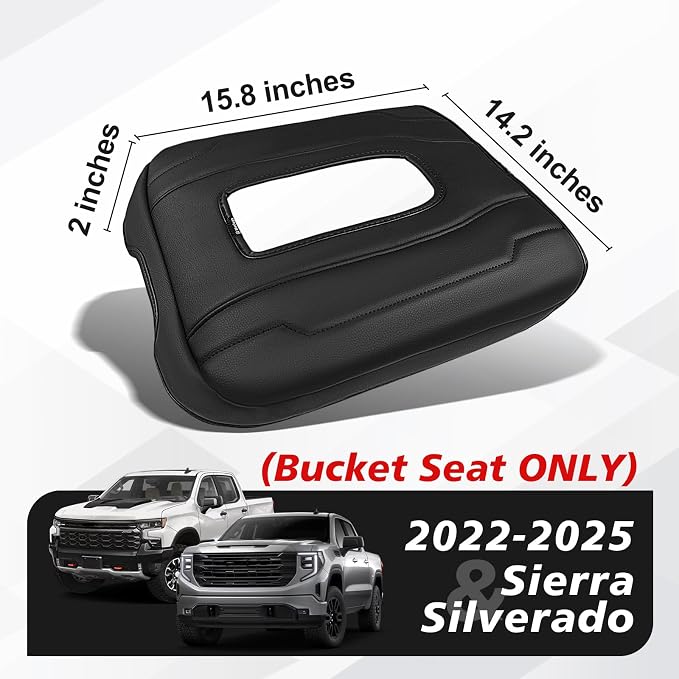 Muslogy Center Console Armrest Cover Fit for Chevy Silverado & GMC Sierra 1500 2500 3500 2022-2026 Accessories, Comfort Armrest Pad Console Lid Cushion Vegan Leather Regular Thick(Bucket Seat ONLY)