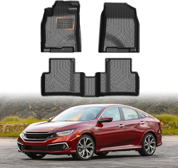 Mixsuper Floor mats for Honda Civic 2016-2021 Coupe/Sedan/Type R/Insight, 2017-2021 Honda Civic Hatchback,All Weather TPE Floor Liners Protection for Civic Accessories,2 Row Anti-Slip Car Mats, Black