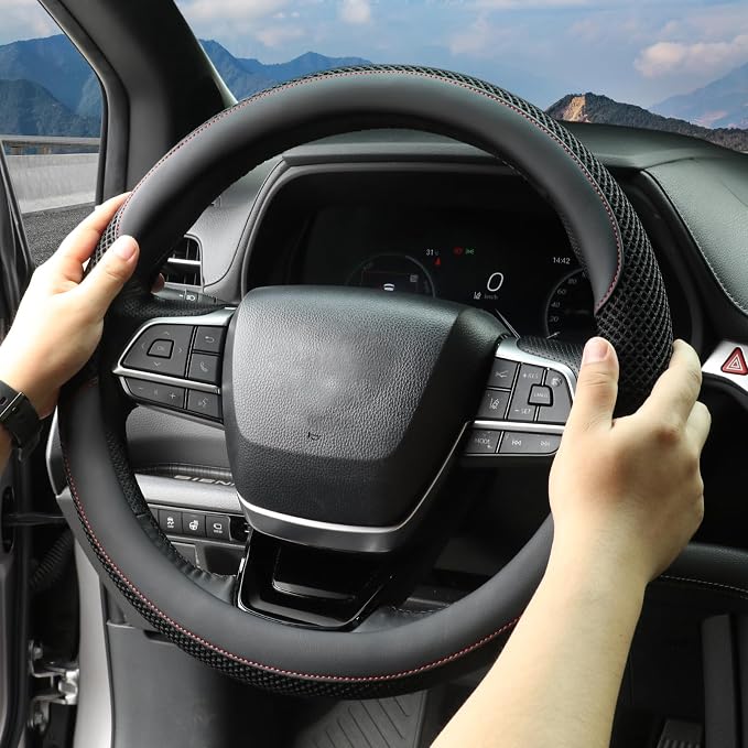 KAFEEK 15 Inch Steering Wheel Cover, Cooling Ice Silk，Premium Microfiber Leather Hybrid Design, Anti-Slip Rubber Inner, Breathable, Universal Fit for 14.5-15" Auto Steering Wheels, Black