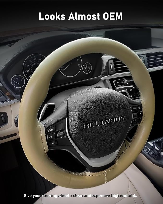 BELINOUS Leather Steering Wheel Cover Lace Up, Stitch on Steering Wheel Wrap, Universal Fit 13-20 Inch Car Truck Pickup Boat, A Whole Piece of Cowhide, DIY w/Needle Thread (Size S4, Beige)