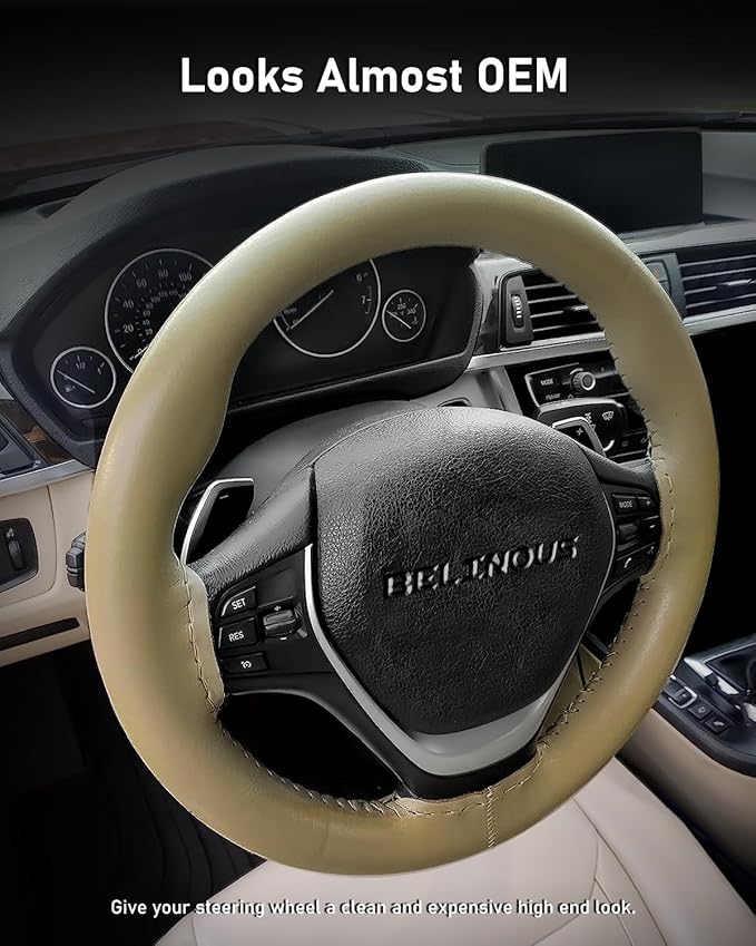 BELINOUS Leather Steering Wheel Cover Lace Up, Stitch on Steering Wheel Wrap, Universal Fit 13-20 Inch Car Truck Pickup Boat, A Whole Piece of Cowhide, DIY w/Needle Thread (Size XL1, Beige)
