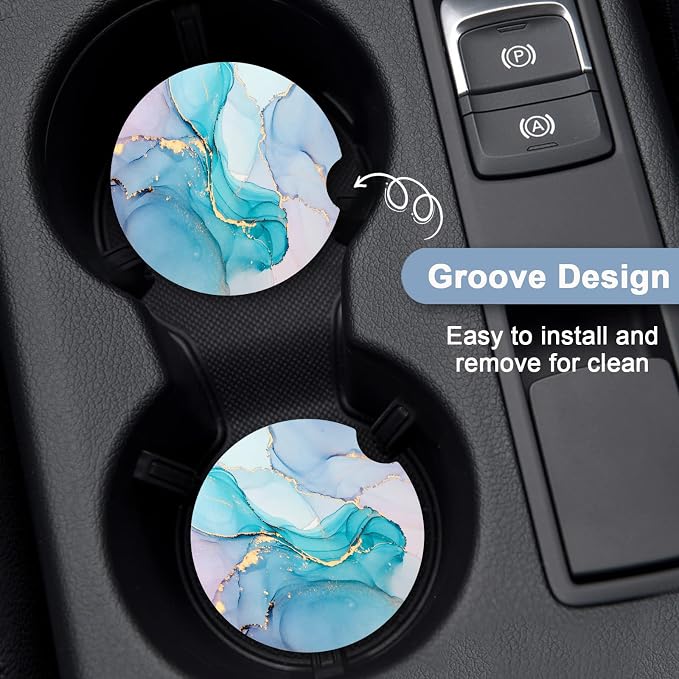 Nipichsha Car Coasters for Cup Holders, 2 Pack Absorbent Ceramic Car Cup Holder Coaster for Drink, Cute Auto Assecories for Women, Universal Size 2.56 in with Finger Notch & Cork Base, Colored Marble