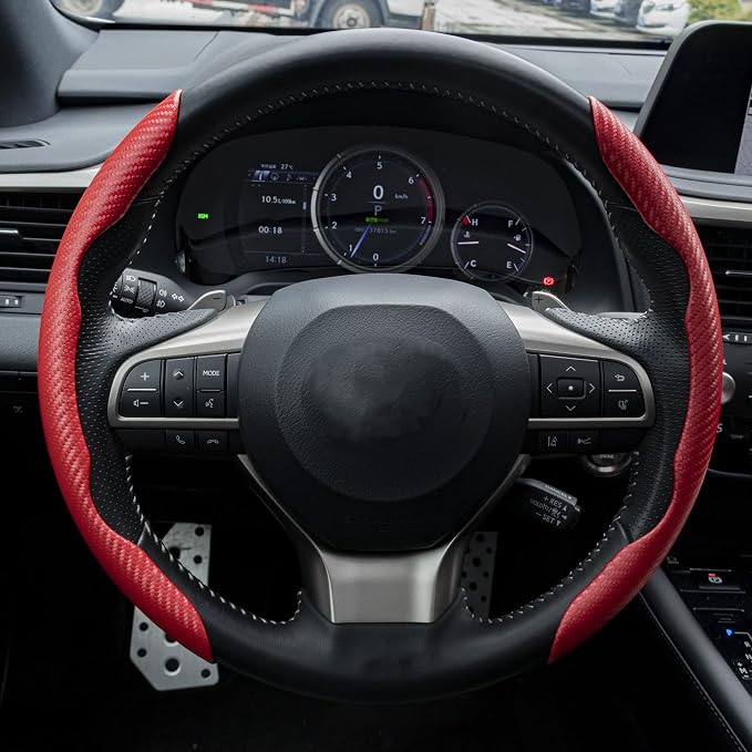 Amiss 2pcs Carbon Fiber Anti-Skid Steering Wheel Cover, Waterproof & Segmented Butterfly Design, Universal 99% Vehicle Wheel Cover Protector, Car Interior Accessories (Red-2pcs)
