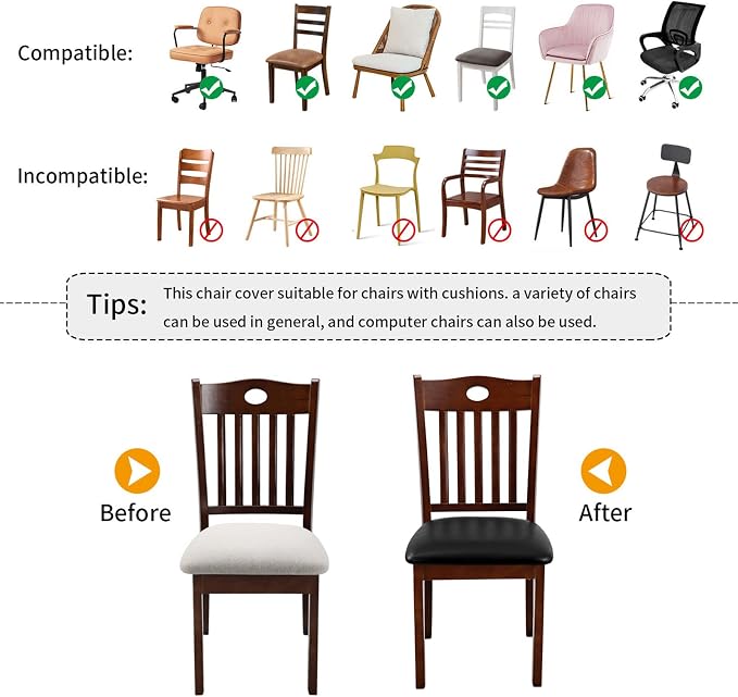 Fuloon Dining Chair Seat Covers 6 PCS, Solid Pu Leather Waterproof Seat Cushion Cover Oilproof Stretch Dining Chair Protctor Slipcover (Pu Dark Black)