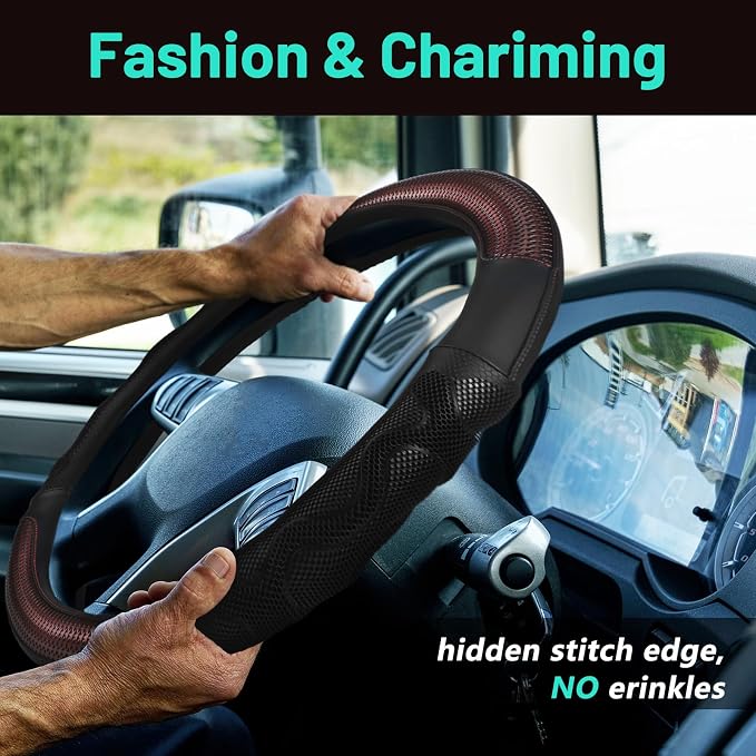 DaisyInner 17.5-18 Inch Steering Wheel Cover for Semi Truck No-Slip & Comfy Grip for Semi Trucks, Rv, Big Rig and 18 Wheelers(Mesh B,Leather,Burgundy)