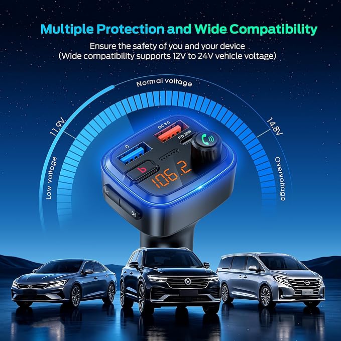 Bluetooth 5.4 Car Adapter, 48W Fast Charging Bluetooth Adapter for Car, Wireless FM Transmitter with Deep Bass Player, Hands-Free Calling & Audio Receiver, Support USB Drive