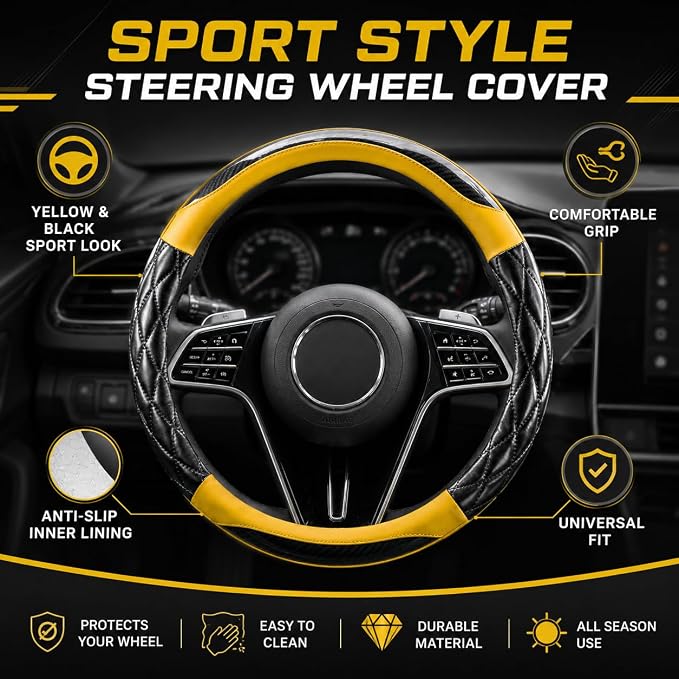 14.5-15 Inch Leather Steering Wheel Cover with Soft Padded Lining, Anti-Slip Comfort Grip, Universal Steering Wheel Protector for Most Cars, SUVs, Trucks (Yellow)