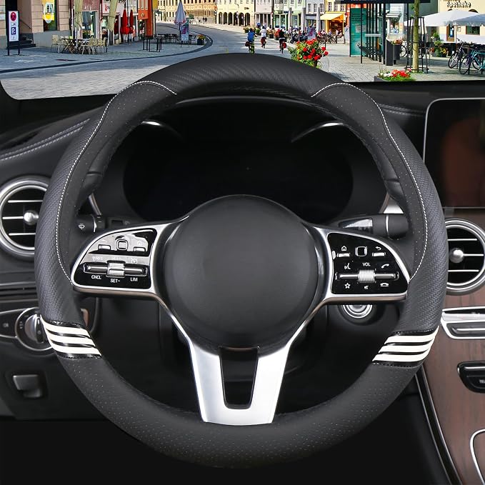 15 inch Cute Leather Steering Wheel Cover Black | Breathable Non-Slip Faux Leather and Carbon Fiber Car Accessories for Women Men Universal 14.5 inch to 15 inch