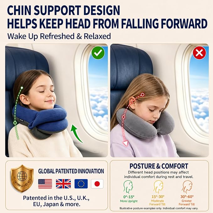 BUYUE Kids Travel Pillows for Airplane, Memory Foam 360° Head Support Sleeping Essentials for Boys Long Flight, Skin-Friendly Soft Neck Pillow for Traveling in Car Seat, (Small, Blue Grey, 40-90 lbs)
