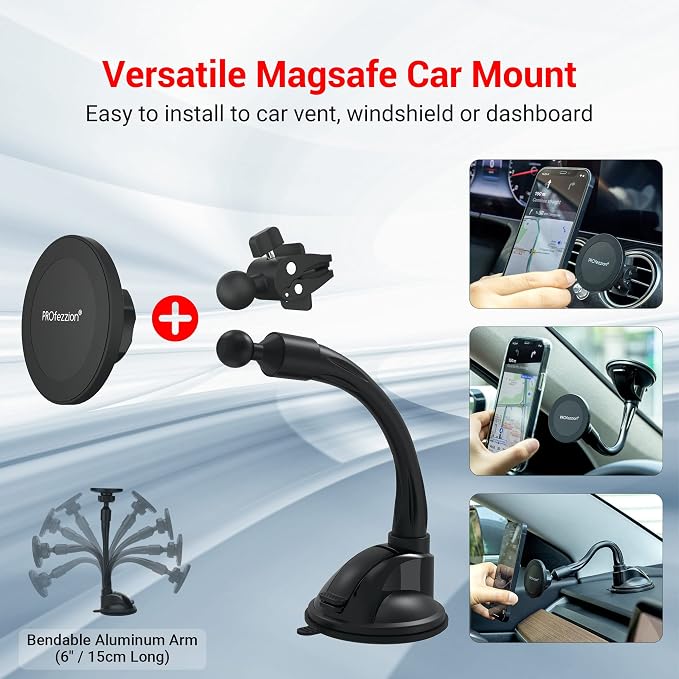 PROfezzion for MagSafe Car Windshield Mount Magnetic Holder, Suction Cup | Flexible Aluminum Rod, on Window Dash or Vent, Stable & Angle Adjustment, for iPhone 17 16 15 14 13 Pro Max & All Phones