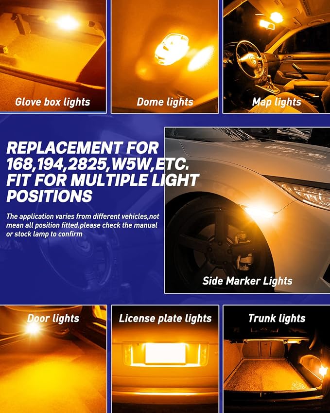 AUTOONE 194 LED Bulb Amber Yellow, Side Marker Lights 300% Brighter T10 168 2825 W5W LED Bulbs for License Plate Light Dome Map Door Courtesy Interior Car Lights, Pack of 2