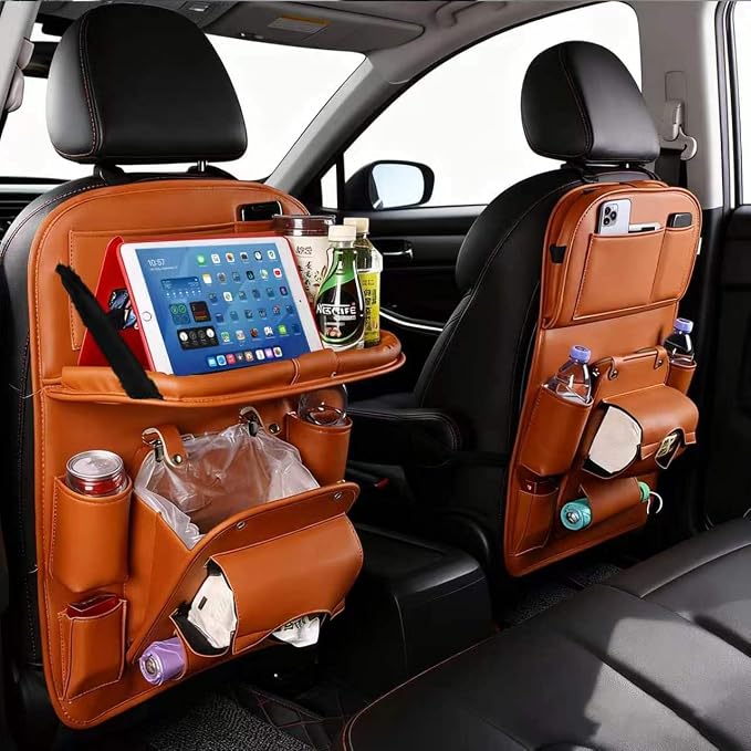Car Backseat Organizer with Foldable Table Tray, PU Leather Seat Back Organizer with Trash Bin, Tablet Holder, Kick Mat Protector, Back Seat Storage for Cars, Brown