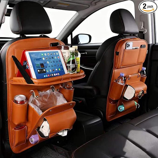 2 Pack Car Backseat Organizer with Foldable Table Tray, PU Leather Seat Back Organizer with Trash Bin, Tablet Holder, Kick Mat Protector, Back Seat Storage for Cars, Brown