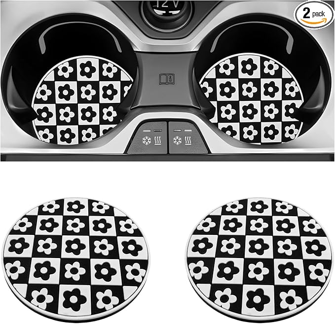 2 PCS Car Cup Coasters, 2.76 Inch Shockproof Auto Cup Holder Insert Coaster Checkered Drink Mat, Anti-Slip Waterproof Water Bottle Pad Stylish Grid Decoration for Most Vehicles (Flower)