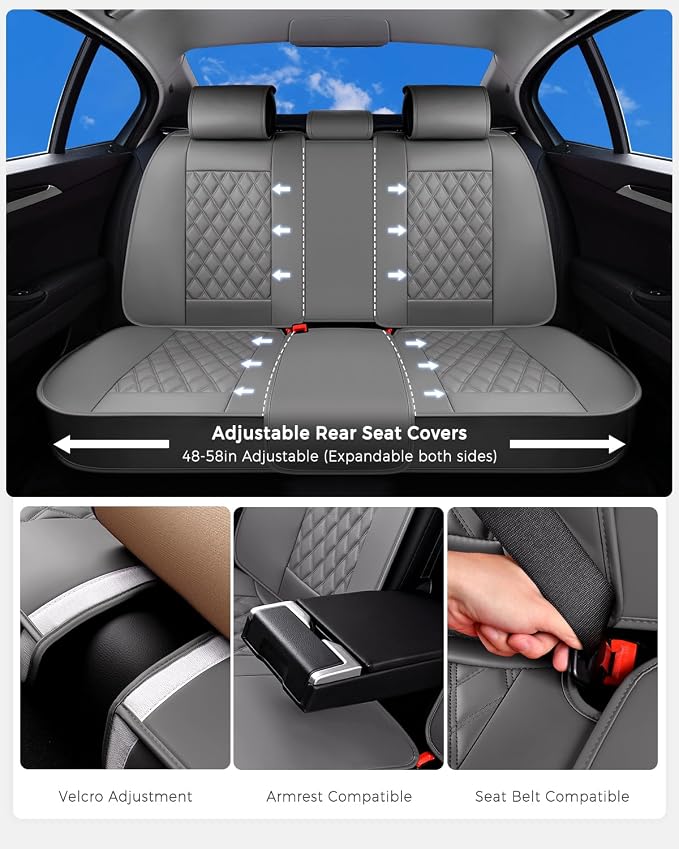 Huidasource Gray Seat Covers Full Set, Seat Covers 5 Seats Waterproof Nappa Leather, Universal Fit for Most Cars,Van,Truck, SUV, Honda Civic Nissan Compass Sentra Focus Explorer(Full Set/Gray)