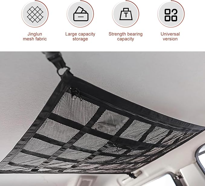 Double Layer Mesh Roof Storage Organizer, 31.5"x 21" Car Ceiling Cargo Net, Car Roof Storage, Overhead Net for SUV Truck Van Camping Travel Road Trip Essentials(Black)