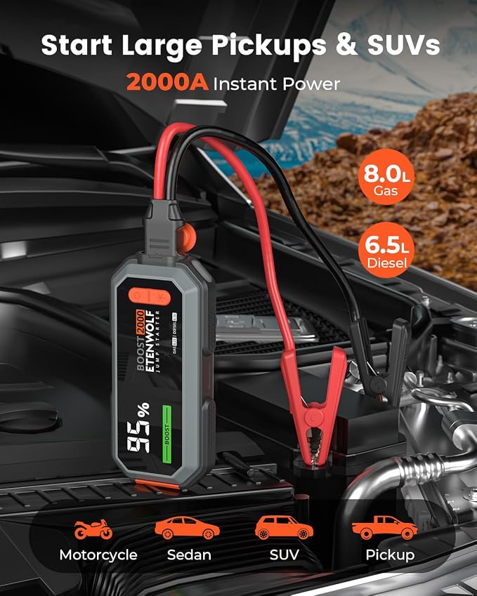 Car Battery Jump Starter Portable, 2000A Peak Jump Box 12V Car Jump Starter | for up to 8.0L Gas and 6.5L Diesel Engines, USB-C Portable Battery Jumper with Jumper Cable, Power Bank, LED Light