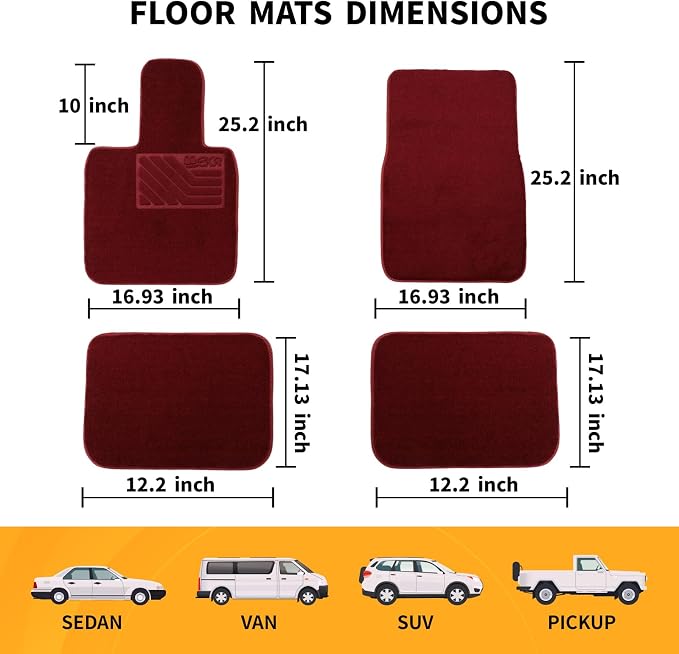 EKR All-Weather Universal Floor Mats,Thick Anti-Slip Car Carpet(Burgundy) | 0.5 inch Thick Anti-Slip Automotive Floor Mat with Driver Heel Pad Fit for SUV/Vans/Sedans/Trucks,Burgundy 4pcs Full set
