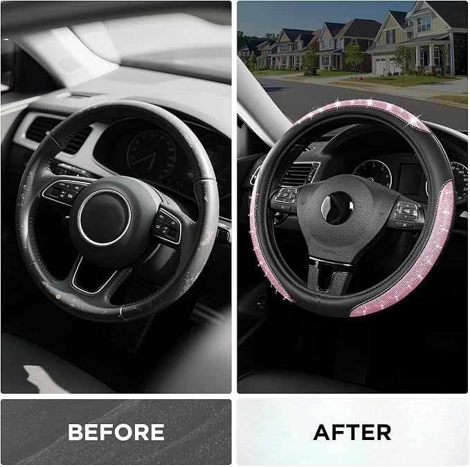 Road Comforts Pixel Glitter Steering Wheel Cover, 14.5–15 Inch Leather Steering Wheels Snug Fit, Anti-Slip Leather Grip, Elegant Sparkle Design, Universal Fit - Light Pink