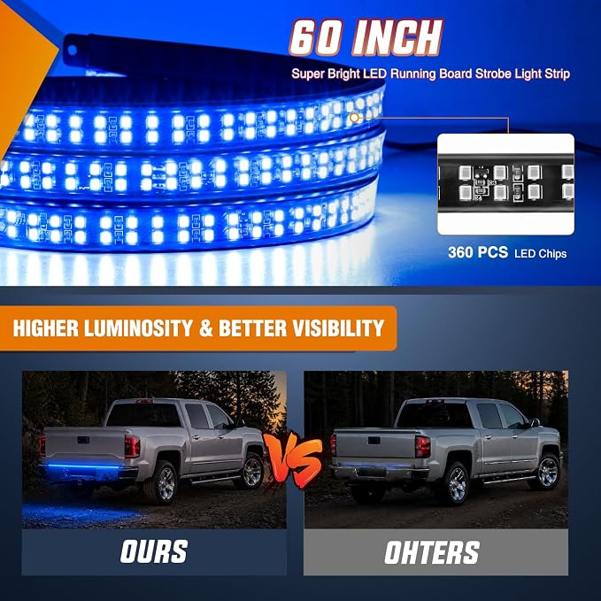 Nilight 60 Inch Truck Tailgate Strobe Light Strip Tail Emergency Bar Rear Window Warning Lamp Ultra-Bright Double Row 360 LED for Pickup Trailers Construction Vehicles Car SUV, Blue