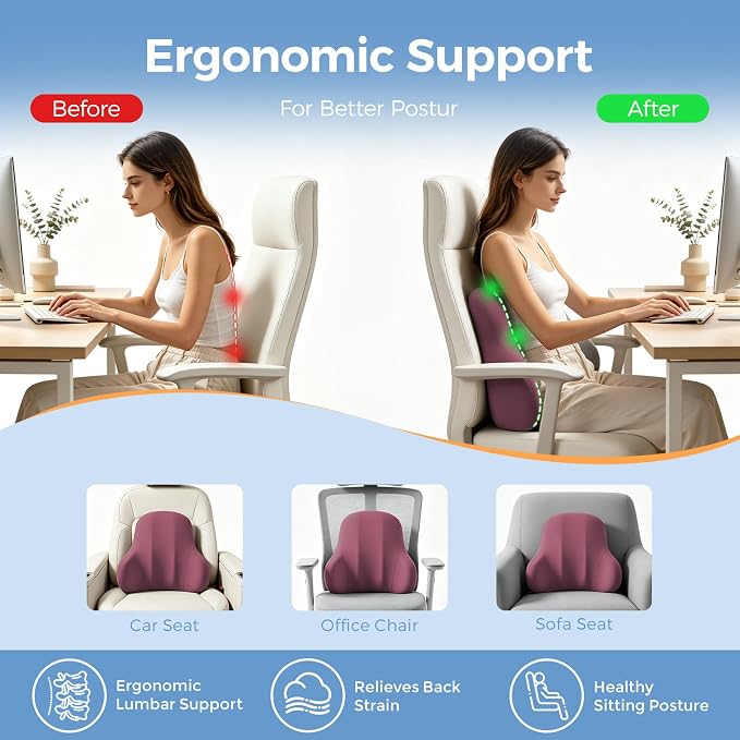 BABUR Ergonomic Memory Foam Lumbar Support Pillow for Car, Back Pain Relief | Ergonomic 100% Memory Foam, Back Pain Relief, Comfort Lower Back Support for Office Chairs, Car Seat, Wheelchair