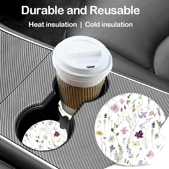 Ceramic Car Coasters – Absorbent Car Cup Holder Coaster Set for Women, Cute Aesthetic Car Accessories for Girls, 2 Pack (Purple)