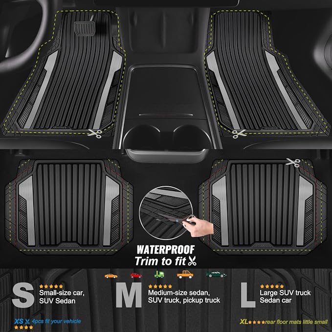 CAR PASS Heavy Duty Rubber Car Mats Metallic, Aluminum Film All Weather Floor Mats Waterproof Universal Trim to Fit Automotive SUV Sedan Van Truck 4 Piece Deep Dish Two-Tone Sporty Black Gray Chrome
