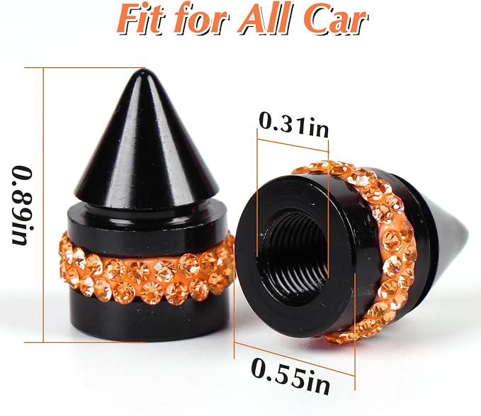 ToBeQueen Bling Orange Tire Valve Caps, Handmade Crystal Rhinestone Dimand Tire Caps, 4 Pack Aluminum Alloy Universal Valve Stem Caps Bling Car Accessories(Orange)