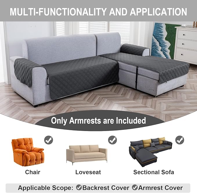 Genina Sofa Armrest Cover, Anti-Slip Armchair Slipcovers for Dogs Cats Pet, Water Resistant Couch Arm Cover for Backrest Recliner Loveseat, L Shaped Sofa, 23.6 x 27.5 Inches（2 Pieces）