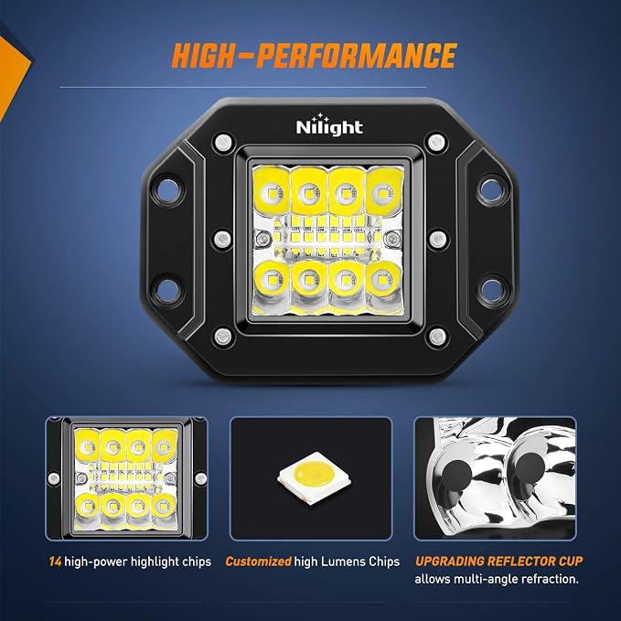 Nilight 2PCS 42W Flush Mount LED Light Pods Spot Flood Combo Backup Reverse Driving Headlamp Mount on Bumper Grille for 4x4 Offroad Truck SUV (Pack of 12)
