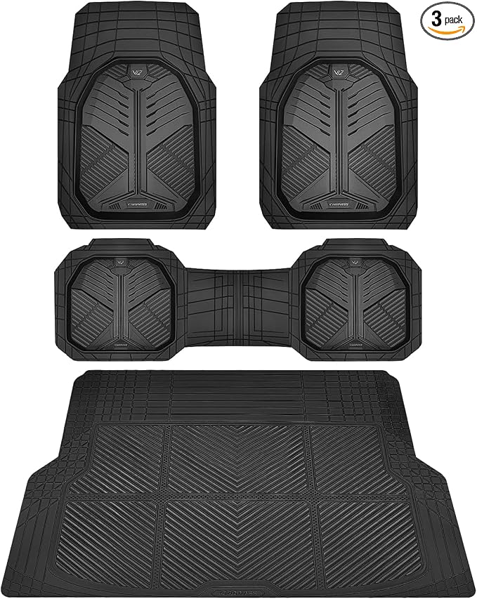 CAR PASS Heavy Duty Rubber Car Mats with Cargo Liner, Deep-Dish Car Floor Mats and Trunk Mat All Weather, Universal Trim-to-Fit for SUVs Trucks Sedans, Waterproof Anti-Slip, Trimmable V12 Black