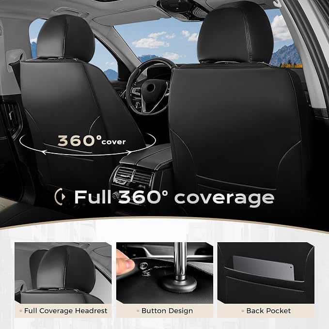 Coverado Car Seat Covers Full Set, 5 Pieces Waterproof Leather Seat Covers, Universal Fit for Cars SUVs Sedans,Black Beige