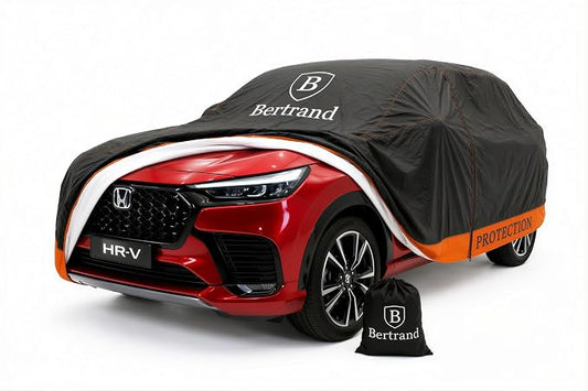 BERTRAND Heavy Duty SUV Car Cover Waterproof All Weather - Snow, Rain & UV Outdoor Protection | Cotton-Lined, Up to 8-Point Anchoring + Zipper Access | Compact-Mid SUVs, Black-Orange (177x71, S1)