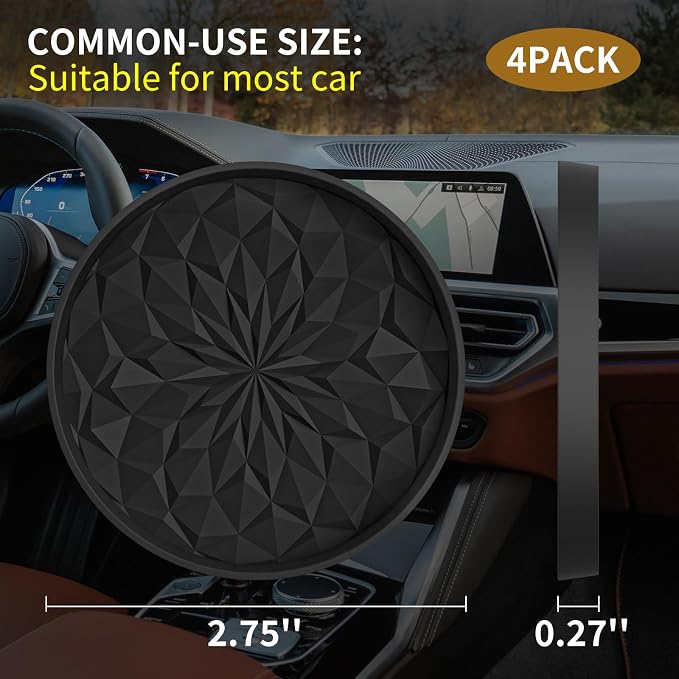 ME.FAN Car Coasters for Cup Holders [4 Pack] - 2.75In Silicone Auto Mug Mats - Universal Non-Slip Recessed Car Interior AccessoriesBlack