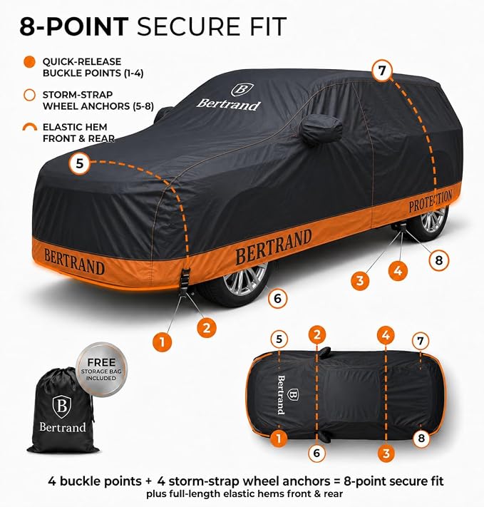 BERTRAND Heavy Duty SUV Car Cover Waterproof All Weather - Snow, Rain & UV Outdoor Protection | Cotton-Lined, Up to 8-Point Anchoring + Zipper Access | Compact-Mid SUVs, Black-Orange (177x71, S1)