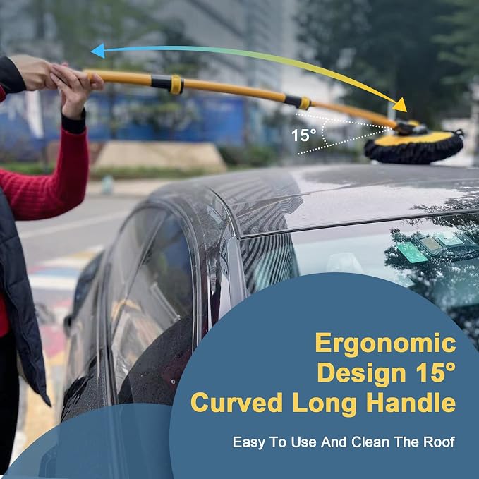 YeewayVeh 43" Car Wash Brush Mop Kit with Mitt, Yellow/Black | 15° Curved Pole, Extra Replaceable Chenille Head, Scratch-Free Microfiber Mitt & Sponge Cleaning Accessories