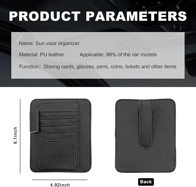 Dickno Small Leather Car Sun Visor Organizer, Multifunctional Auto Visor Document Holder with Sunglasses Clip, Universal Car Interior Organizer for Drving License, Card, Pen (Black)