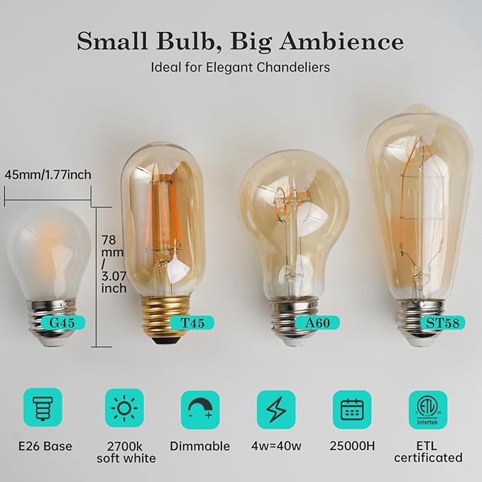 Vintage LED Edison 40W Short Small Bulbs G45 Frosted,E26 2700K Dimmable 6PK | AMDTU Frosted G45 LED Edison Bulbs,4W Replaces 40W,Dimmable for Ceiling Fans,Vanity & Table Lamps Create Cozy Ambiance 6Pack