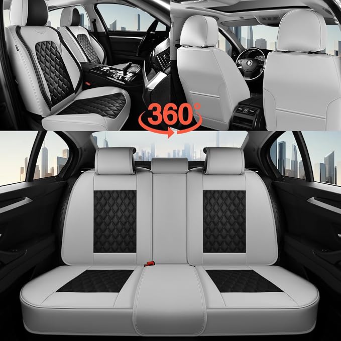 Coverado Universal Car Seat Covers Full Set, Luxury Stain-Resistant Waterproof Faux Leather Front & Rear Seat Protectors, Elegant Easy-Clean Automotive Interior – WhiteBlack