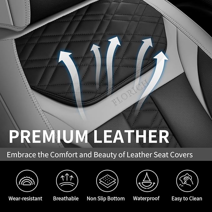 FLORICH Seat Covers, Atomutive Car Seat Covers Full Sets, Waterproof Seat Cover for Cars, Luxury Leather Universal Seat Cover Accessories Fit for Most Cars SUV Truck Sedans(Grey)