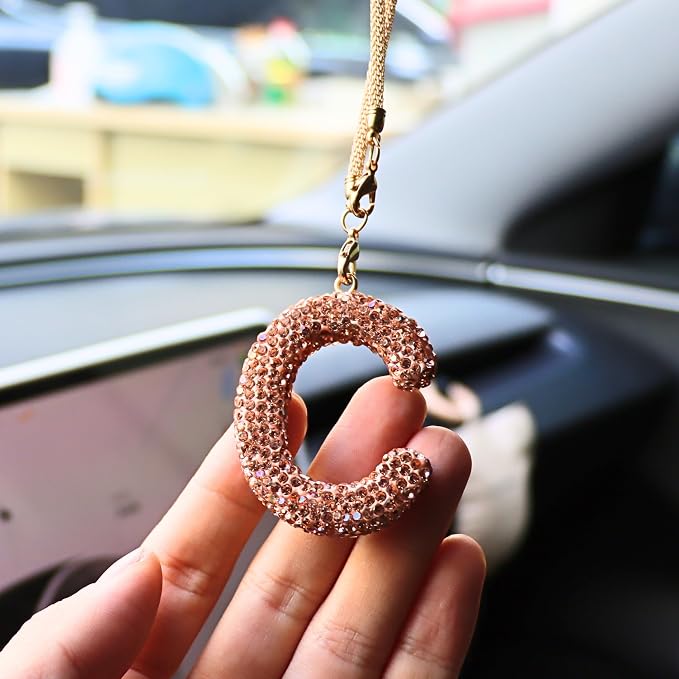 Bling Car Accessories for Women Letter Charm, Rainbow Crystal Rearview Mirror Pendant, Cute Diamond Rhinestone Car Decor, Lucky Gift for Women(C, Champagne Gold)