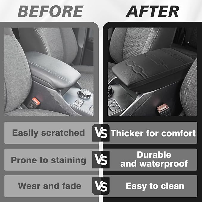 Muslogy Center Console Armrest Cover Fit for Ford Ranger 2024 2025 2026 Accessories, Comfort Armrest Pad Console Lid Cushion Vegan Leather 1-Inch Extra Thick(Black/Black Trim)