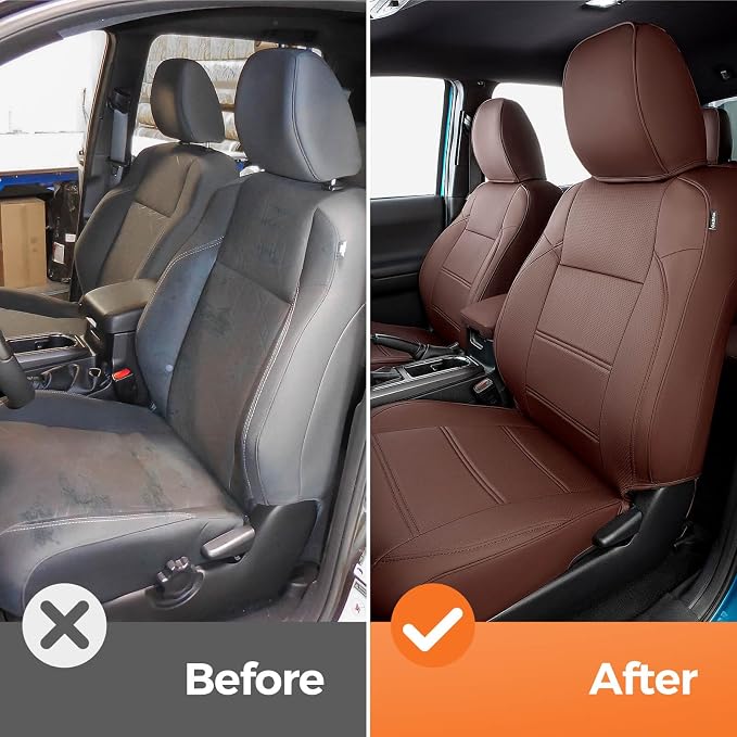 DrCarNow for Toyota Tacoma Seat Covers 2016-2023, Fit for Tacoma 3rd Gen Leather Pickup Seat Cover Crew Cab/Double Cab 2016 2017 2018 2019 2020 2021 2022 2023 Waterproof Full Set Accessories Brown